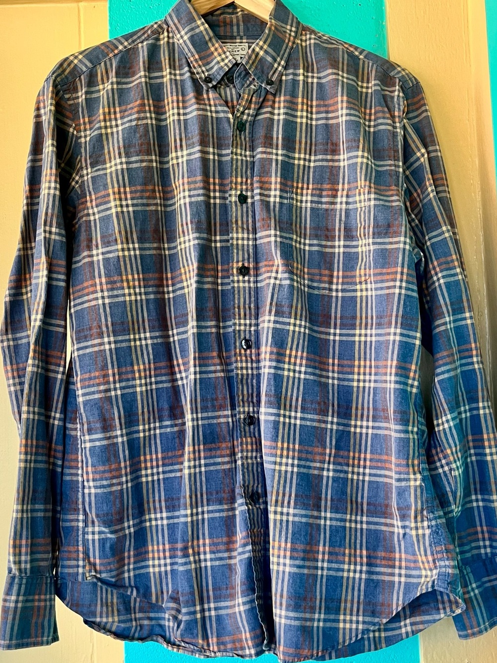J. Crew Classic Men’s Plaid Button-Up Shirt Blue/Rust/Cream 100% Cotton | Size L